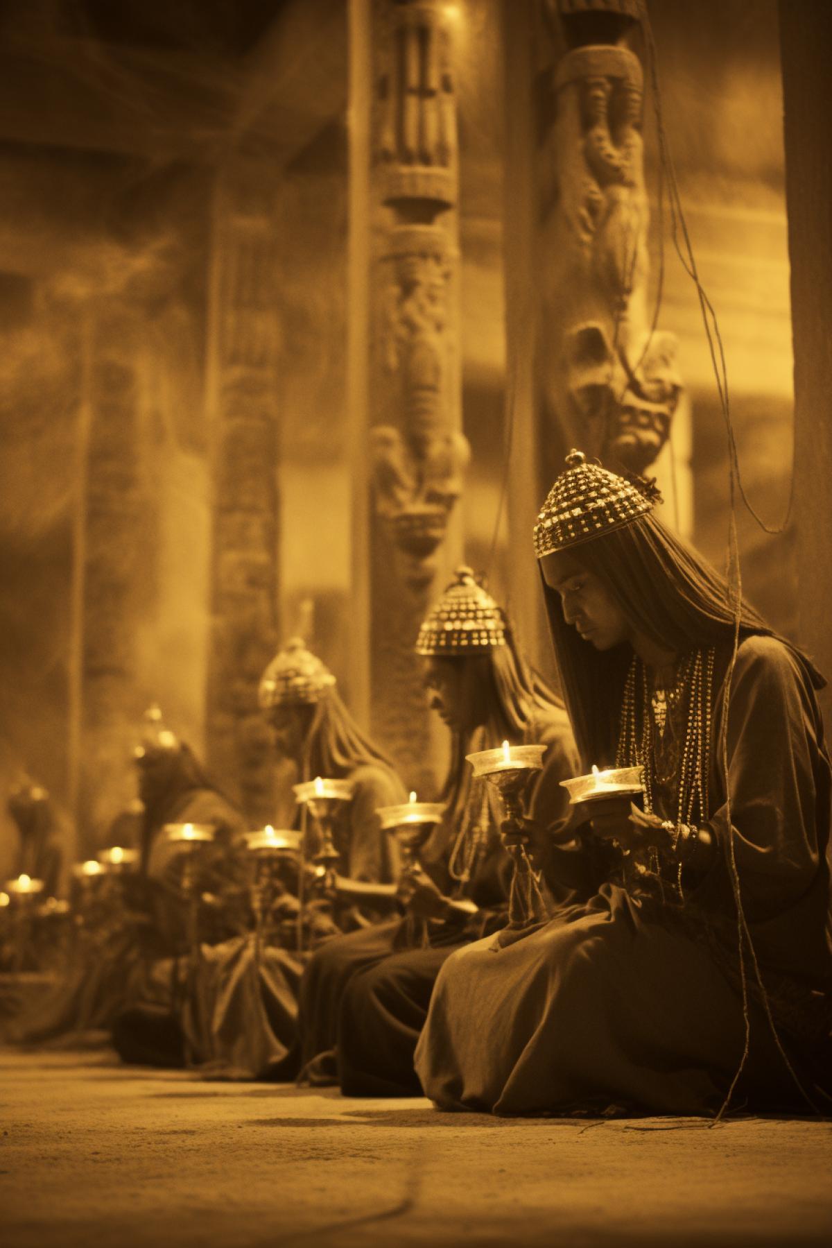 The mystic rites of the ancient Egyptian priesthood, sacred incense, film camera, sepia tones, candlelit temple, spiritual, ancient wisdom.
