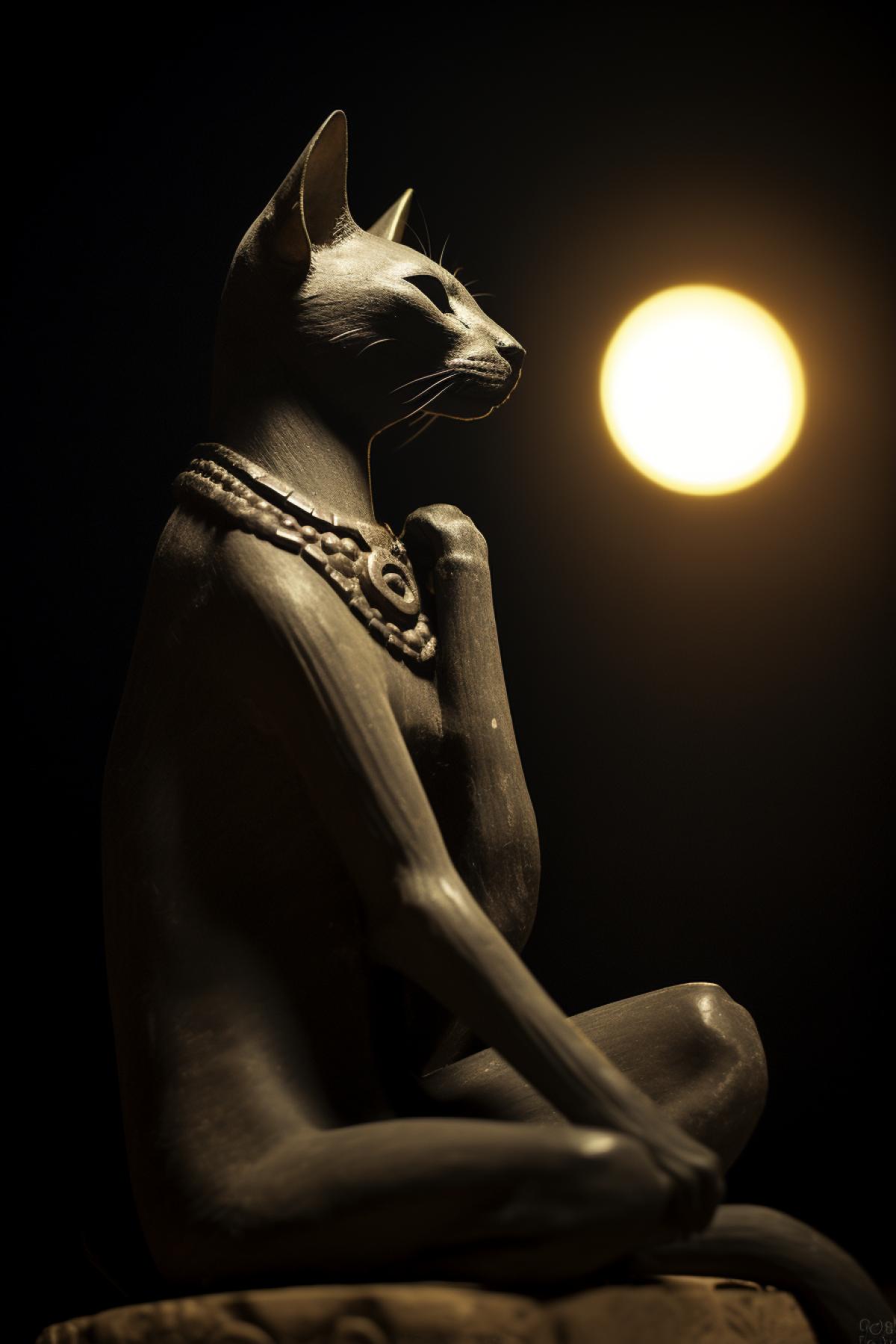 The graceful goddess Bastet, feline companion, vintage film camera, soft focus lens, moonlit night, ethereal, divine aura.