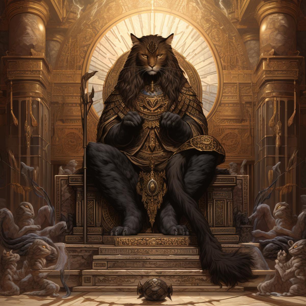 a long haired cat, sat on an egyptian throne with people praying at his feet, hyper detailed