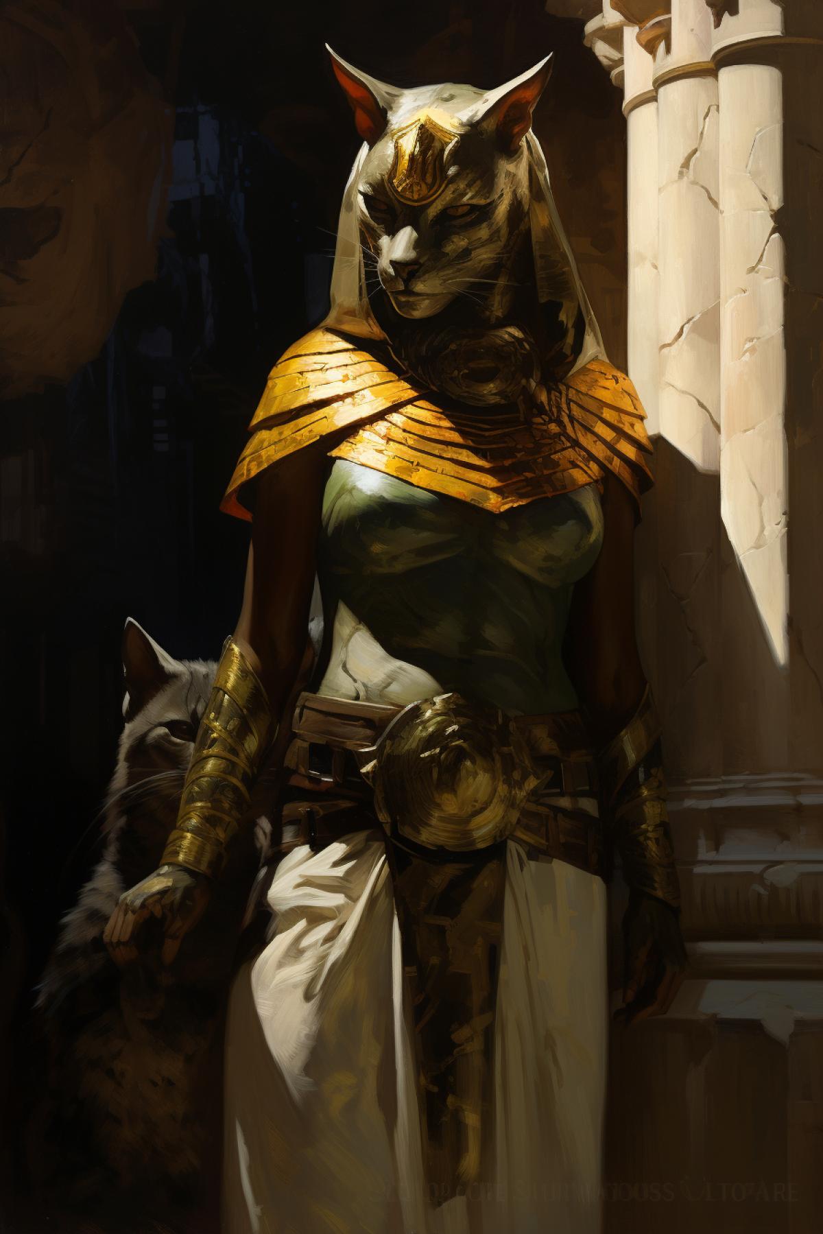 portrait of Bastet] , anthropomorphic god with cat head, back light, verdant, colorful Egyptian architecture, ornated armor, sand, sunset, donato giancola, anders zorn, Giovanni Battista Tiepolo, joel sartore, cinematic lighting, raking sunshine, long shadows, wet, hyperrealism, high contrast