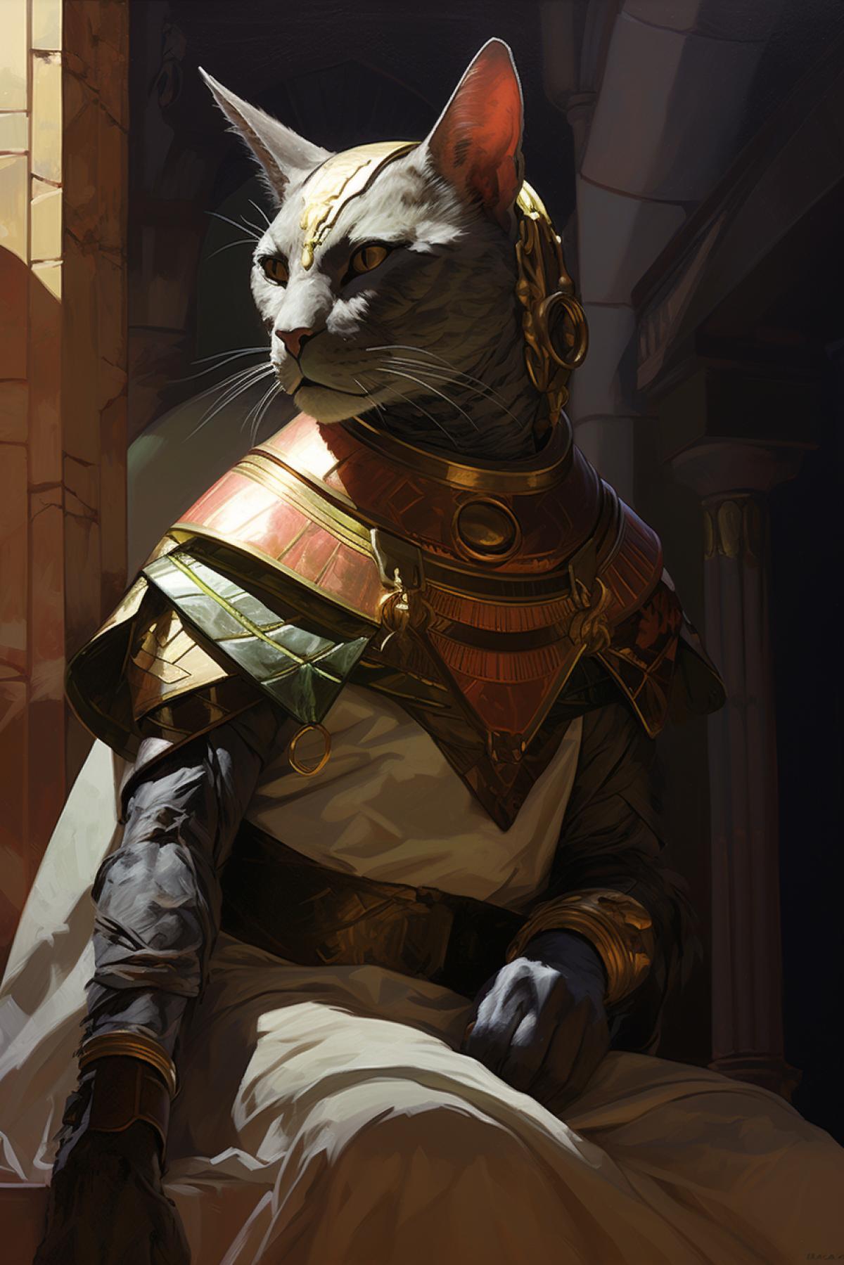 portrait of Bastet] , anthropomorphic god with cat head, back light, verdant, colorful Egyptian architecture, ornated armor, sand, sunset, donato giancola, anders zorn, Giovanni Battista Tiepolo, joel sartore, cinematic lighting, raking sunshine, long shadows, wet, hyperrealism, high contrast