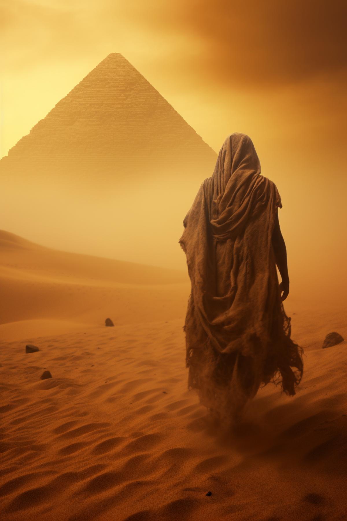 Living Egyptian mummy in a sandstorm, ancient Egypt, horror, scary, Egyptian pyramids, photorealism
