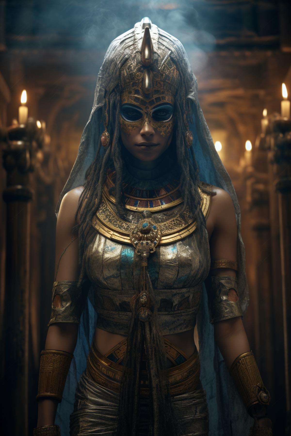 The curse of ancient Egypt, Egyptian princess with demonic glowing eyes, full-length, creepy, scary, photorealism, atmospheric, mystical