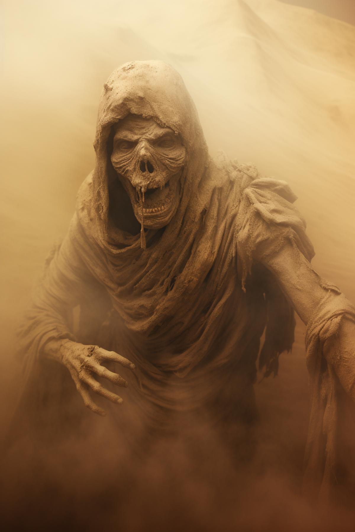 Living Egyptian mummy in a sandstorm, ancient Egypt, horror, scary, creepy, Egyptian pyramids, photorealism