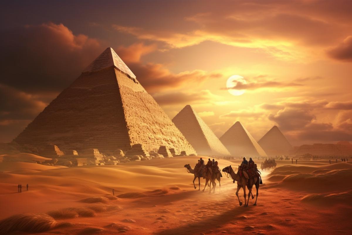 Camel caravan in ancient Egypt, pyramids, photorealism