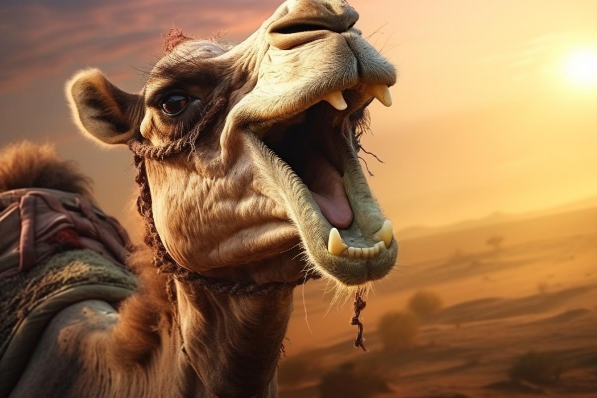 Camel spits at an Egyptian, ancient Egypt, photorealism