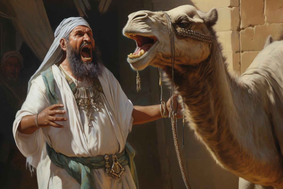 A camel spat at an Egyptian man, ancient Egypt, photorealism, humor