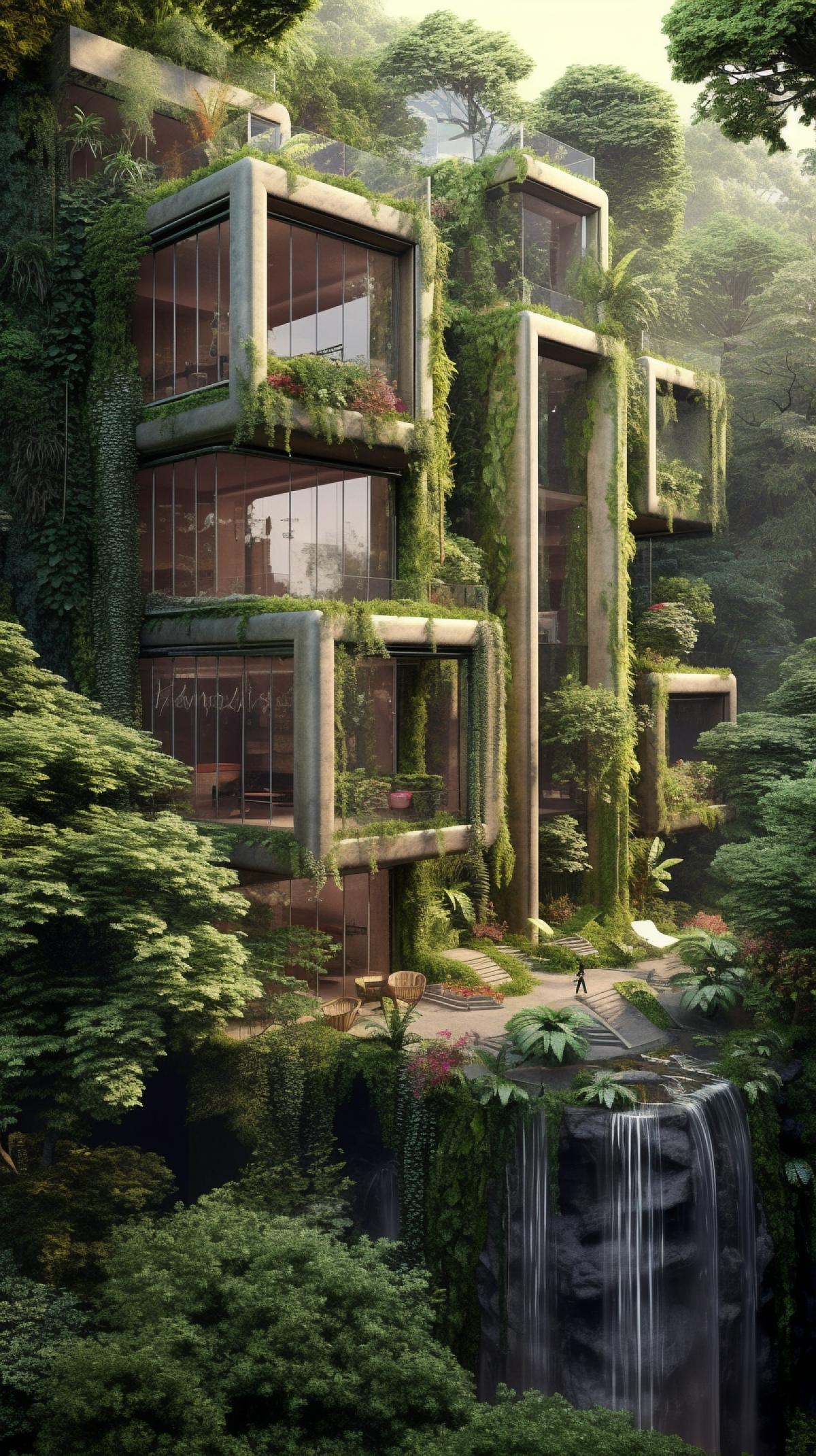 Multi-storey house with a waterfall and greenery in eco-punk style