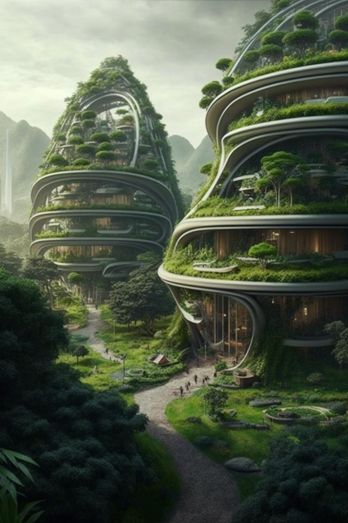 Depict how humanity has been able to achieve harmony with the environment thanks to advanced green technologies. Imagine eco-cities, transport, ecopunk energy.
