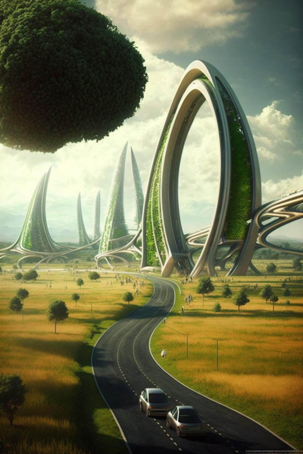 Depict how humanity has been able to achieve harmony with the environment thanks to advanced green technologies. Imagine eco-cities, transport, ecopunk energy.