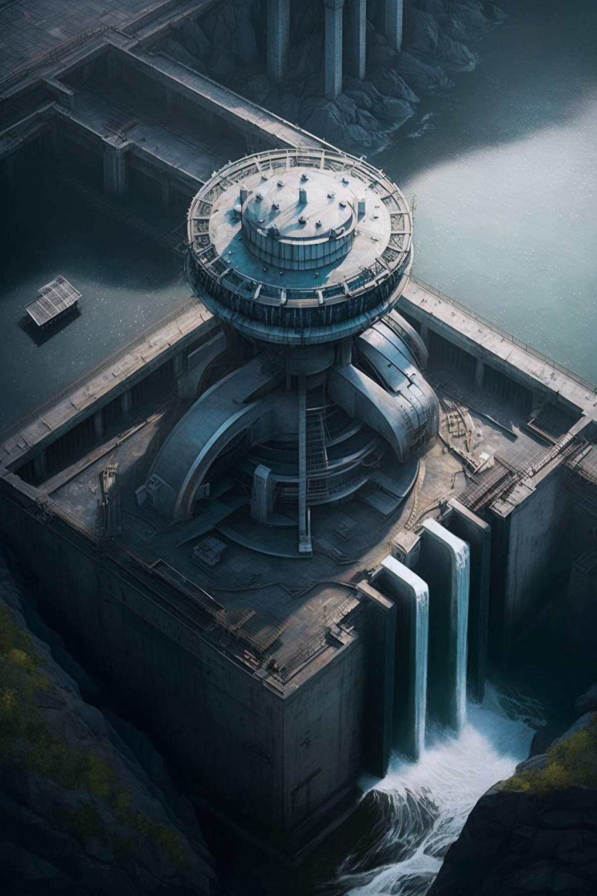 futuristic hydroelectric power station, industrial, top view, clean air style raw