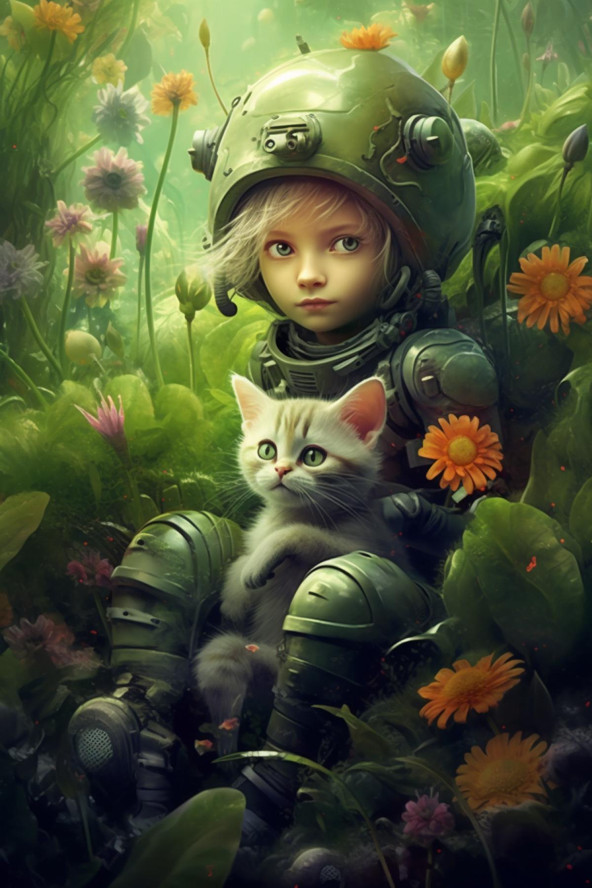Childrens playground a lot of greenery and flowers futuristic surrealism in ecopunk style kitten and children