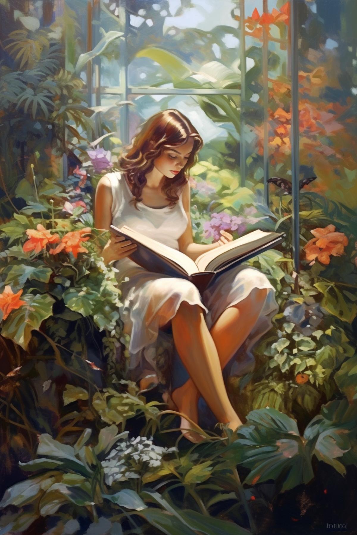 A girl reading a book sitting on a horizontal bar greens and flowers futurism surrealism ecopunk style
