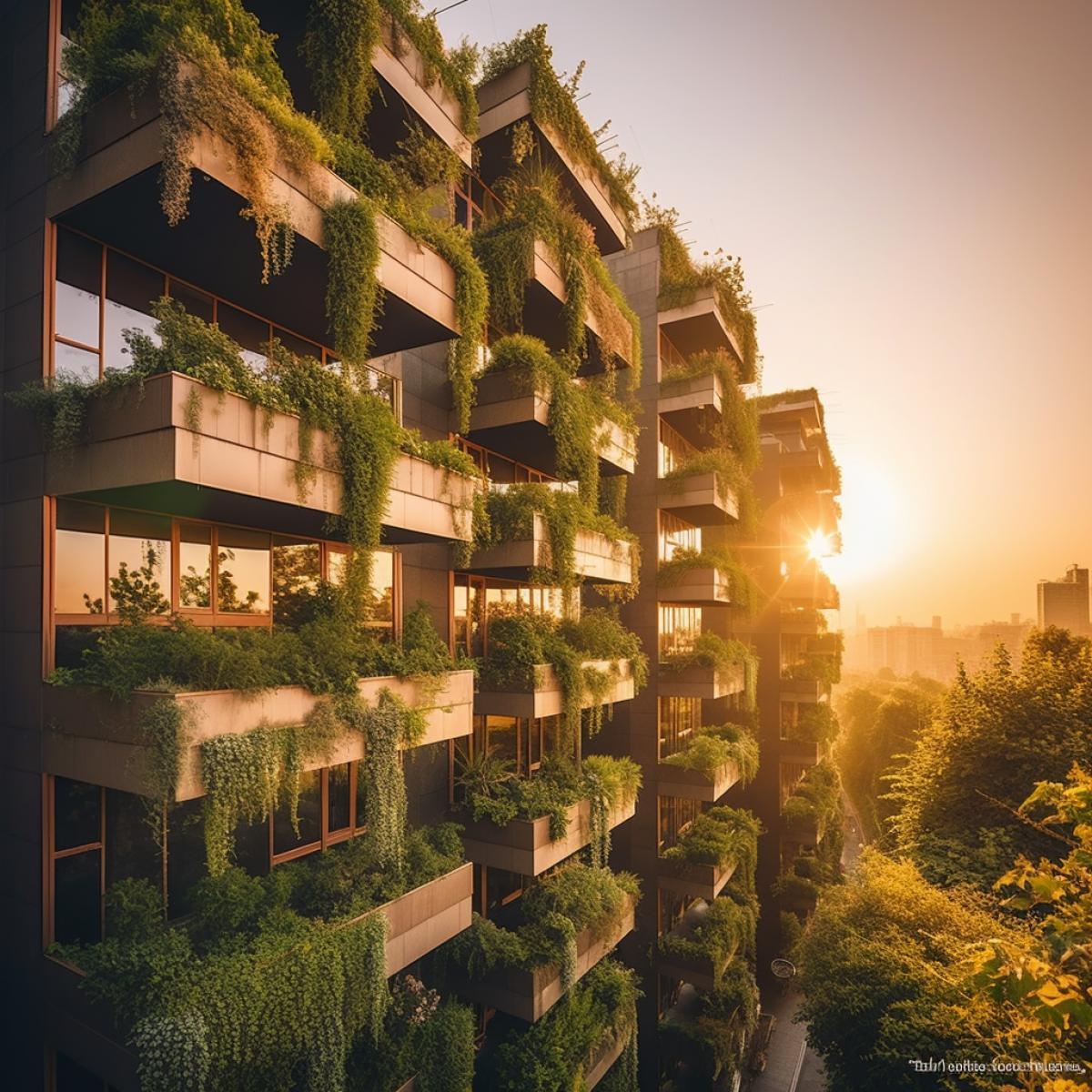 Showcase the innovative eco-friendly architecture of this utopian world, highlighting buildings covered in vertical gardens, photographed during the golden hour with a DSLR camera