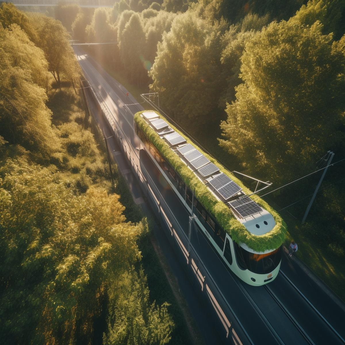 Explore the sustainable transportation systems of an eco-paradise, where electric bicycles and solar-powered trams roam freely, captured with a drone camera