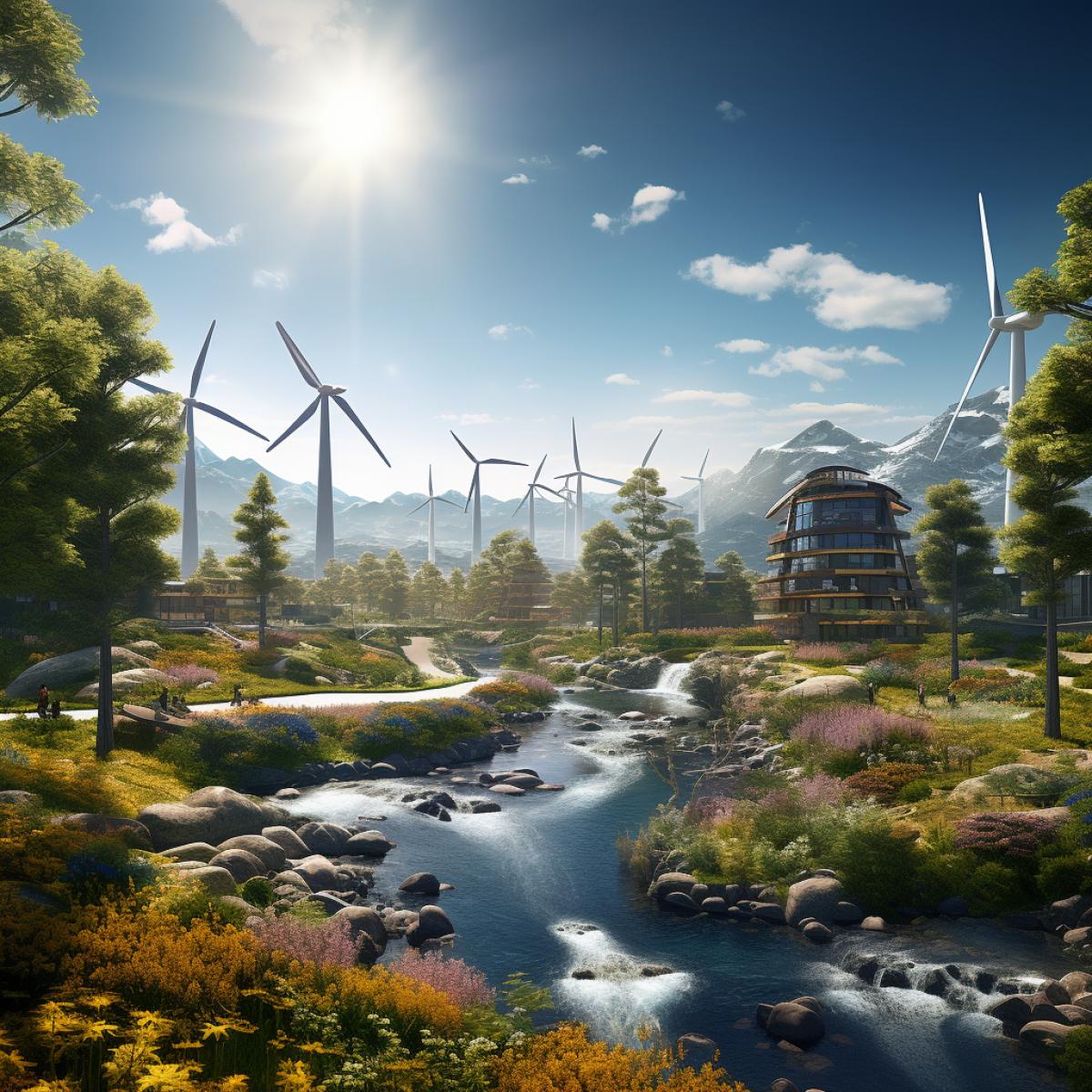 Showcase the breathtaking landscapes of an eco-utopian paradise, with pristine rivers, lush forests, and clean energy wind turbines, using a wide-angle lens