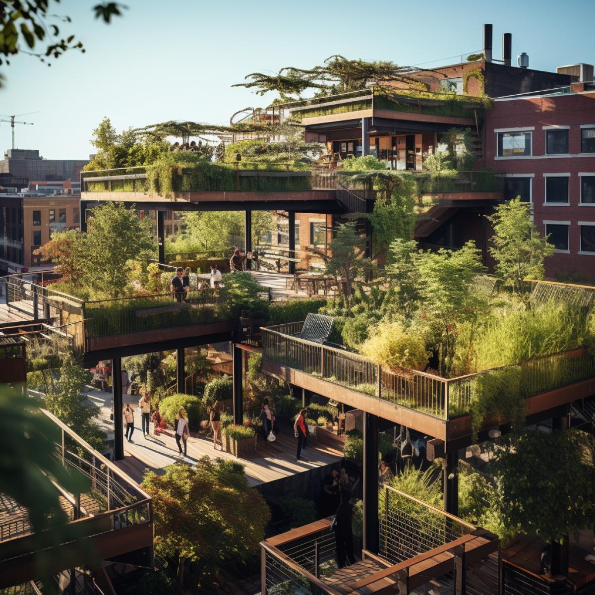 Show the transformation of urban spaces into green havens, with parks, gardens, and rooftop farms