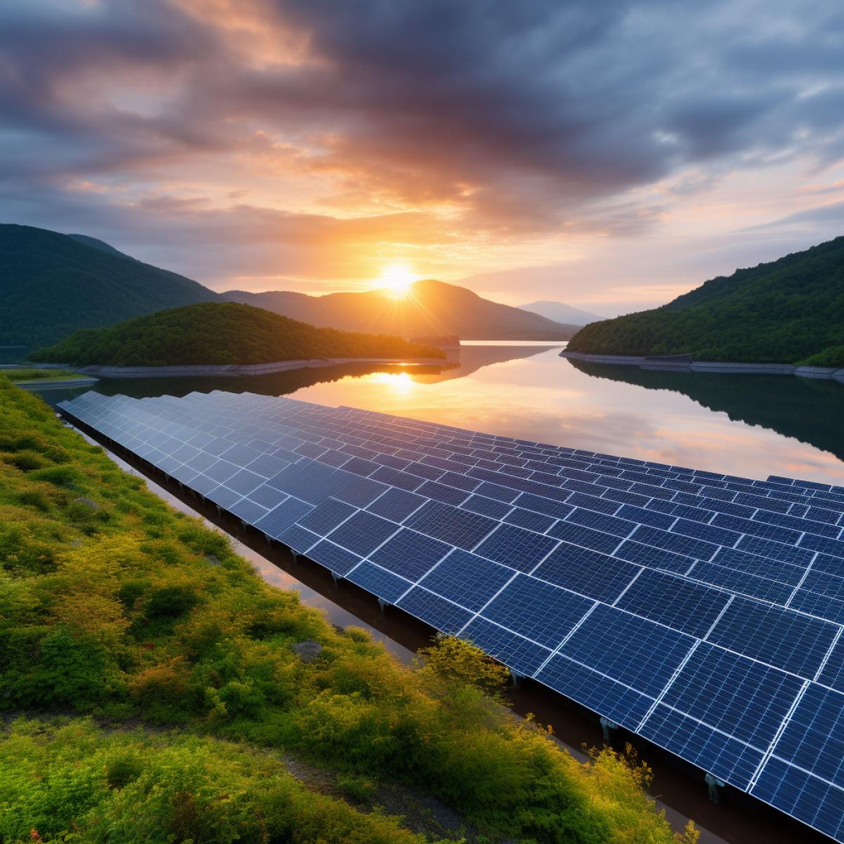 Highlight the green technology that powers this world, from solar panels to hydroelectric dams, shot at sunset with a high-resolution digital camera