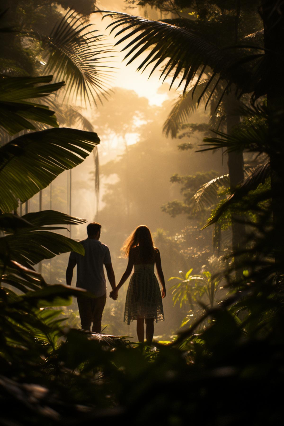 couple walking towards the sun through the treetops, in the style of exotic flora and fauna, 35mm lens, gabriel bá, tropical landscapes, organic formations, depiction of everyday life, junglepunk