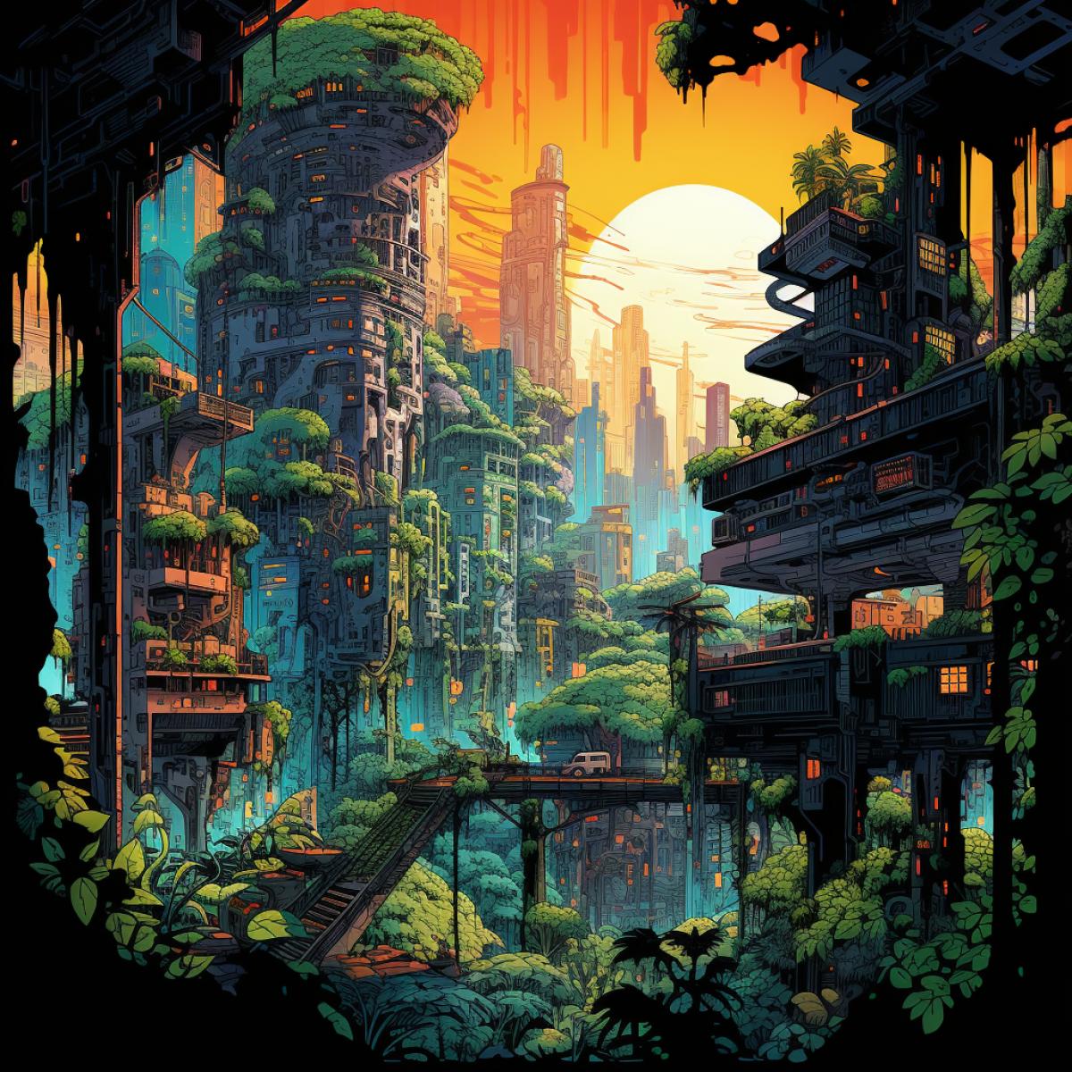 a drawing of a city with trees and plants in it, in the style of neon art nouveau, high-angle, intricate foliage, revived historic art forms, light cyan and dark dark, dinocore, american urban life, jungle punk