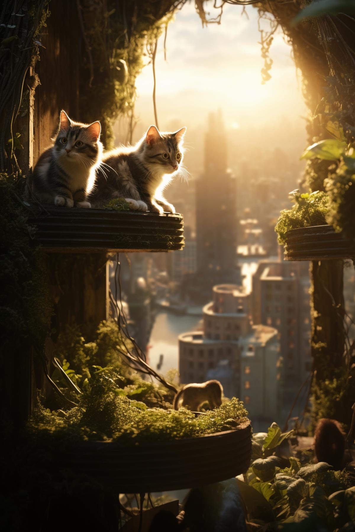 Cats in Nature city, future ecological architecture, cat’s only world, ecopunk, romantic, cute, beautiful, soft lighting, soft focus, cinematic, photorealistic, national geographic photography, atmospheric