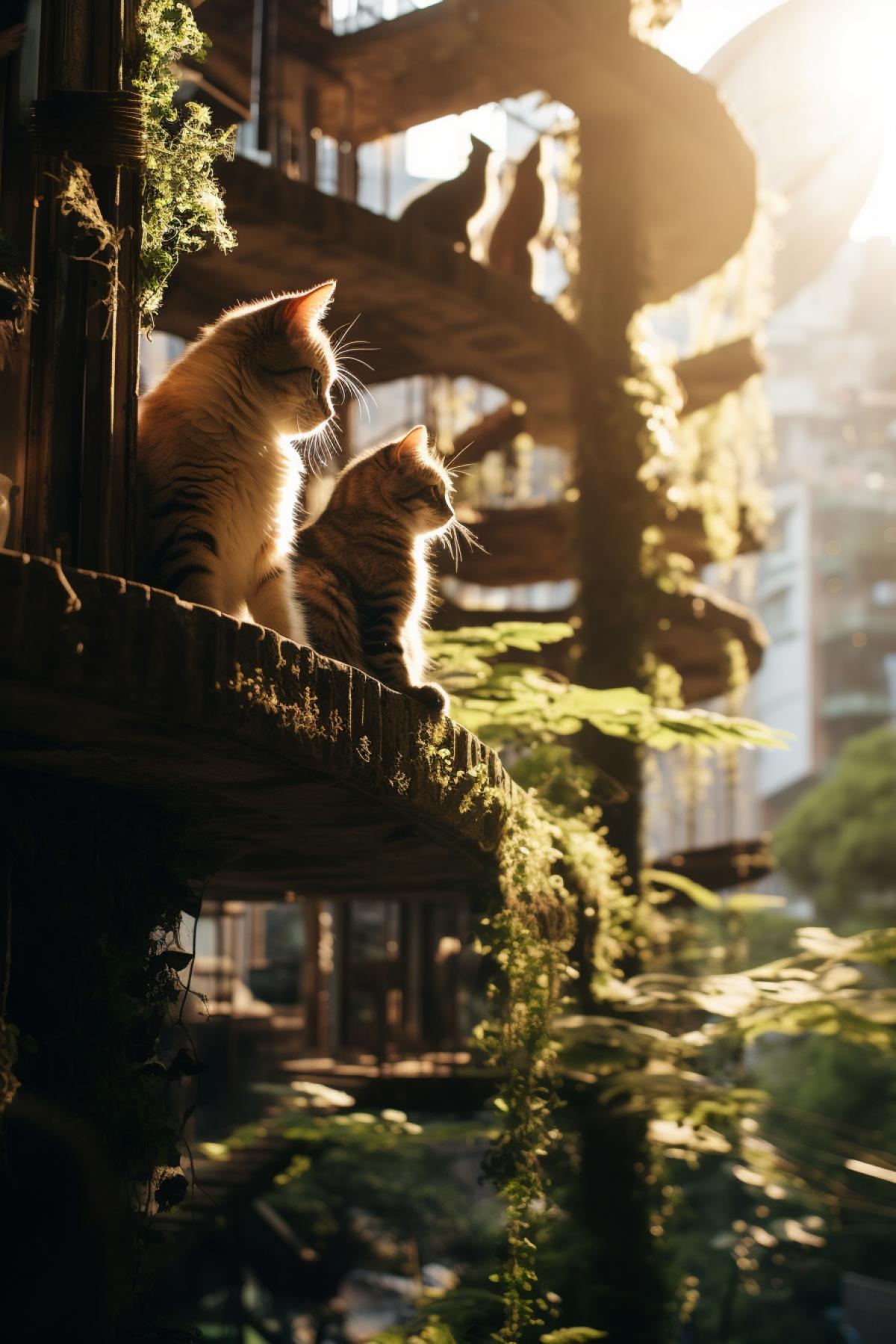 Cats in Nature city, future ecological architecture, cat’s only world, ecopunk, romantic, cute, beautiful, soft lighting, soft focus, cinematic, photorealistic, national geographic photography, atmospheric