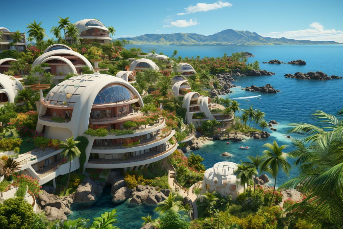 Futuristic eco-city 3000 under a huge protective dome, inside there is a lot of greenery, residential buildings, canals, sun, air, space, flowers, butterflies, birds