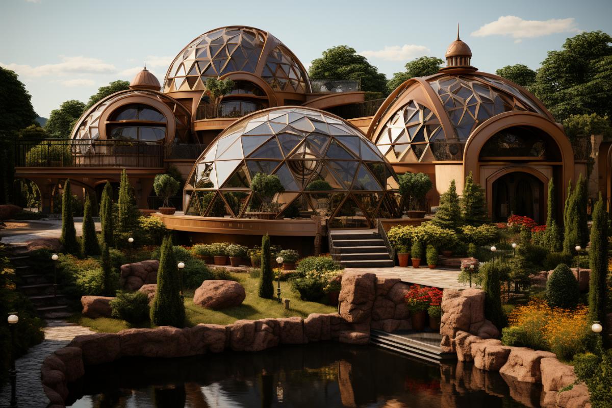 Futuristic eco-city 3000 under a huge protective dome, inside there is a lot of greenery, residential buildings, canals, sun, air, space, flowers, butterflies, birds