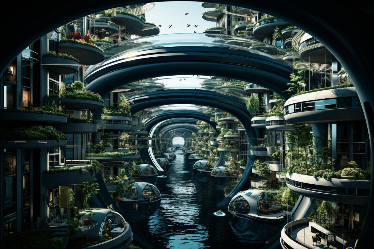 Futuristic eco-city 3000 under a huge protective dome, inside there is a lot of greenery, residential buildings, canals, sun, air, space, flowers, butterflies, birds