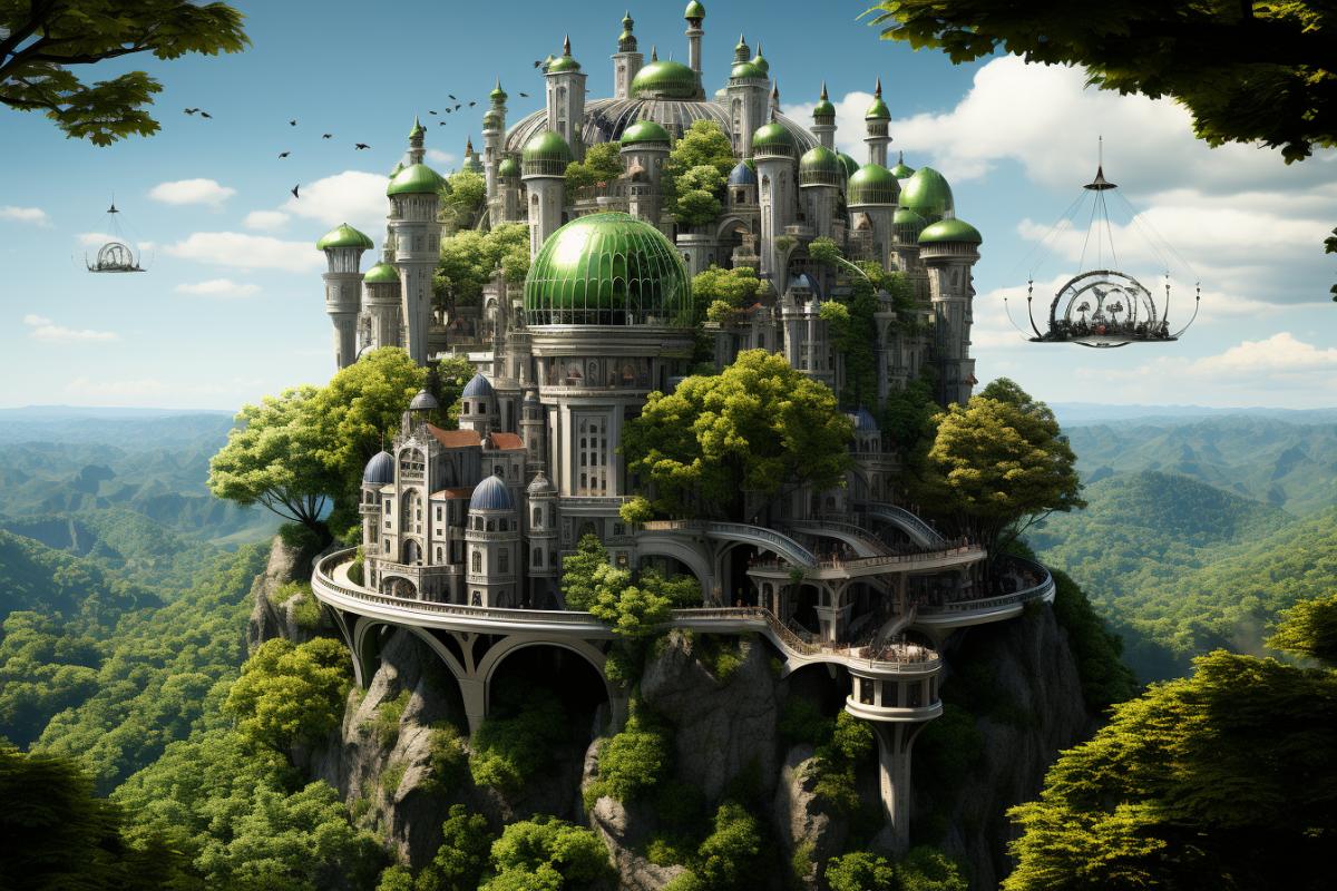 Futuristic eco-city 3000 under a huge protective dome, inside there is a lot of greenery, residential buildings, canals, sun, air, space, flowers, butterflies, birds