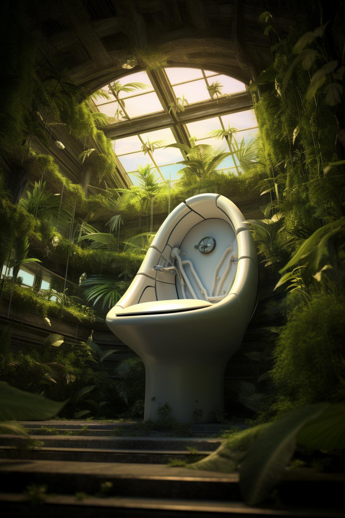 Toilet in Nature city, future ecological architecture, ecopunk, soft lighting, soft focus, cinematic, photorealistic, national geographic photography, atmospheric