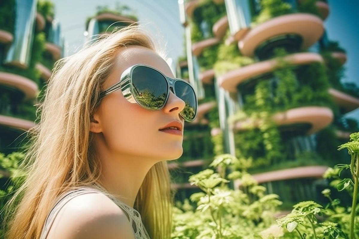 Extreme close-up portrait of a young woman wearing large sunglasses, reflecting the futuristic ecocity 3000, lots of greenery, apartment buildings, canals, flowers