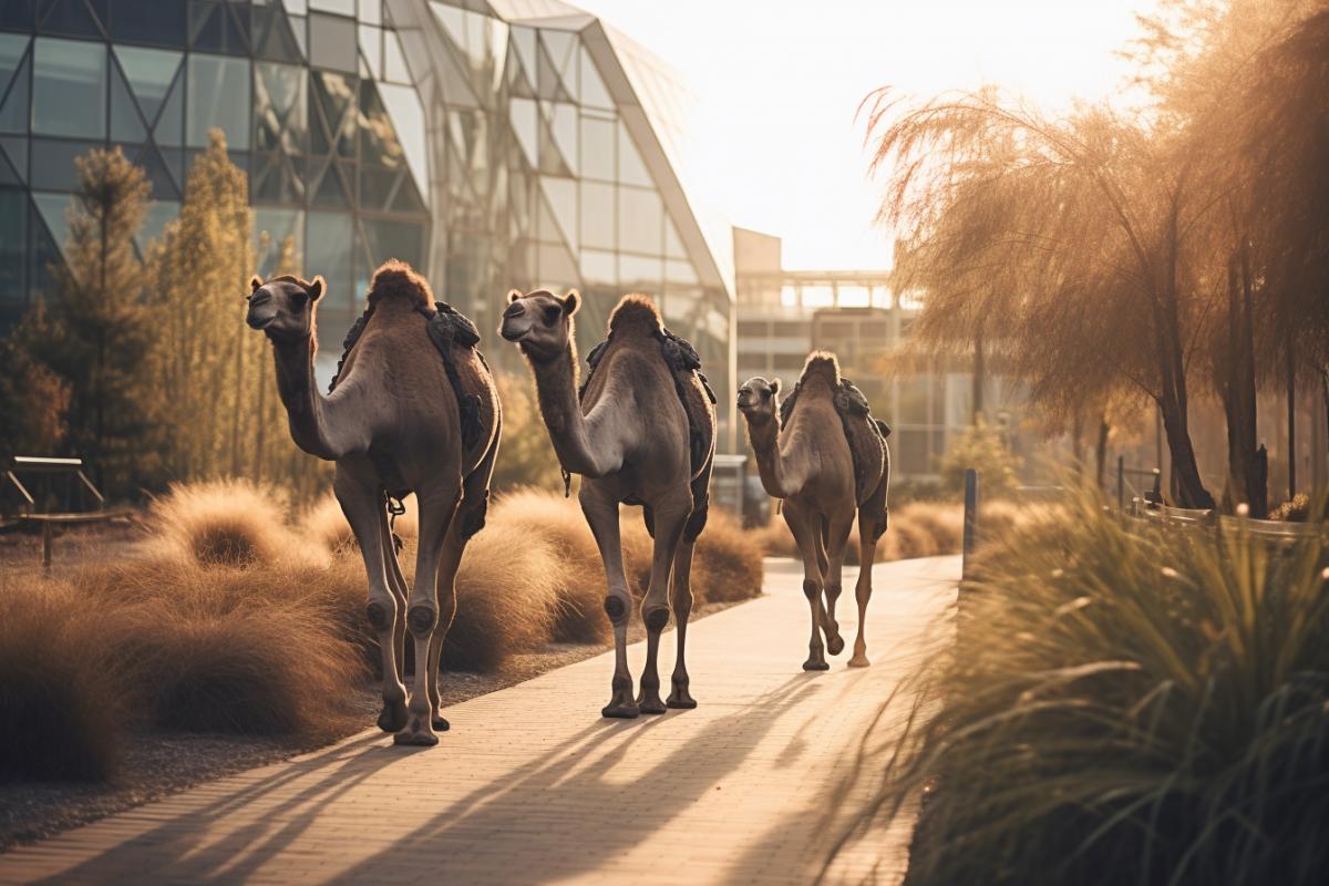 Camels in eco megapolis, many plants, future ecological architecture, camel’s only world, ecopunk, romantic, cute, beautiful, soft lighting, soft focus, cinematic, photorealistic, national geographic photography, atmospheric