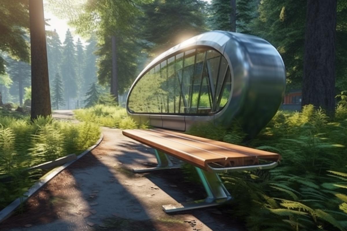 bench on the street near a store window in a sunny shady futuristic eco-city in a forest area in elven style