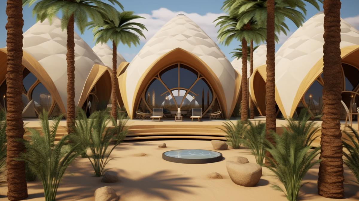 Eco-friendly project in the desert, 4D visualization, high resolution