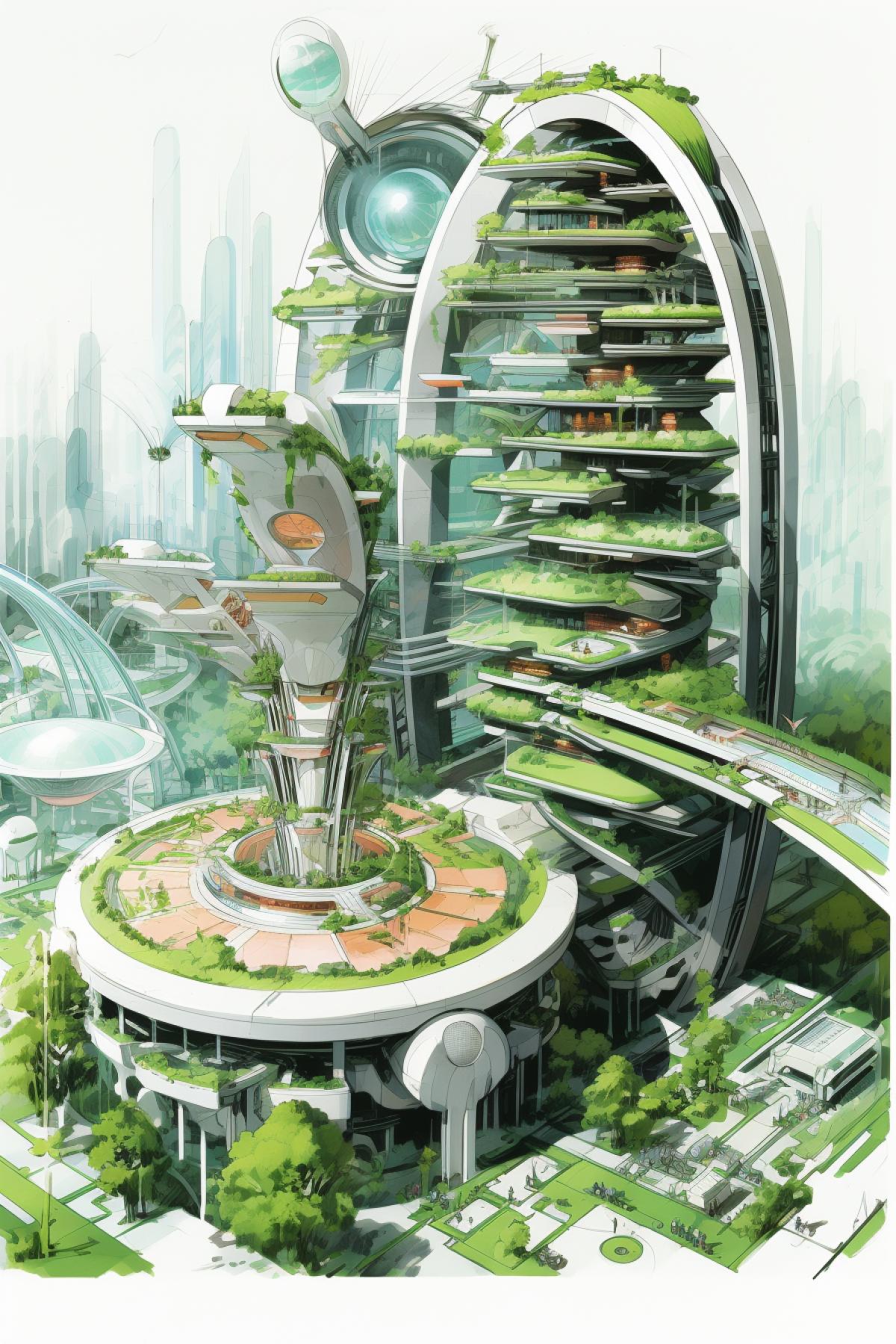 Ecopunk megapolis, future eco architecture, concept-art, colour graphic