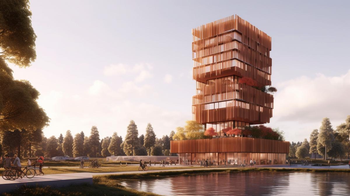 A high-rise building made of chrome and wood stands in the middle of an eco-friendly city