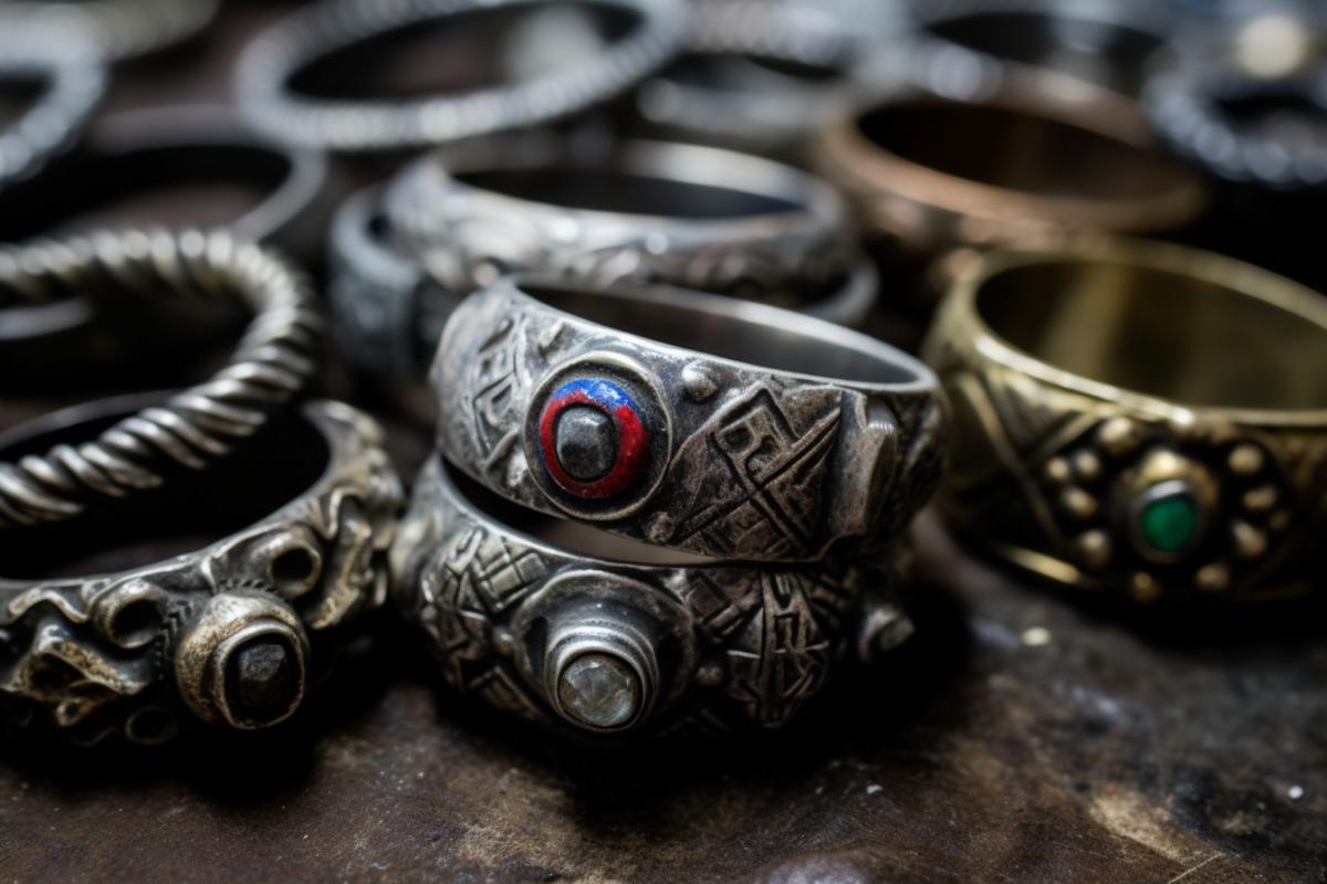 Rough primitive silver jewelry with gems on a rough background
