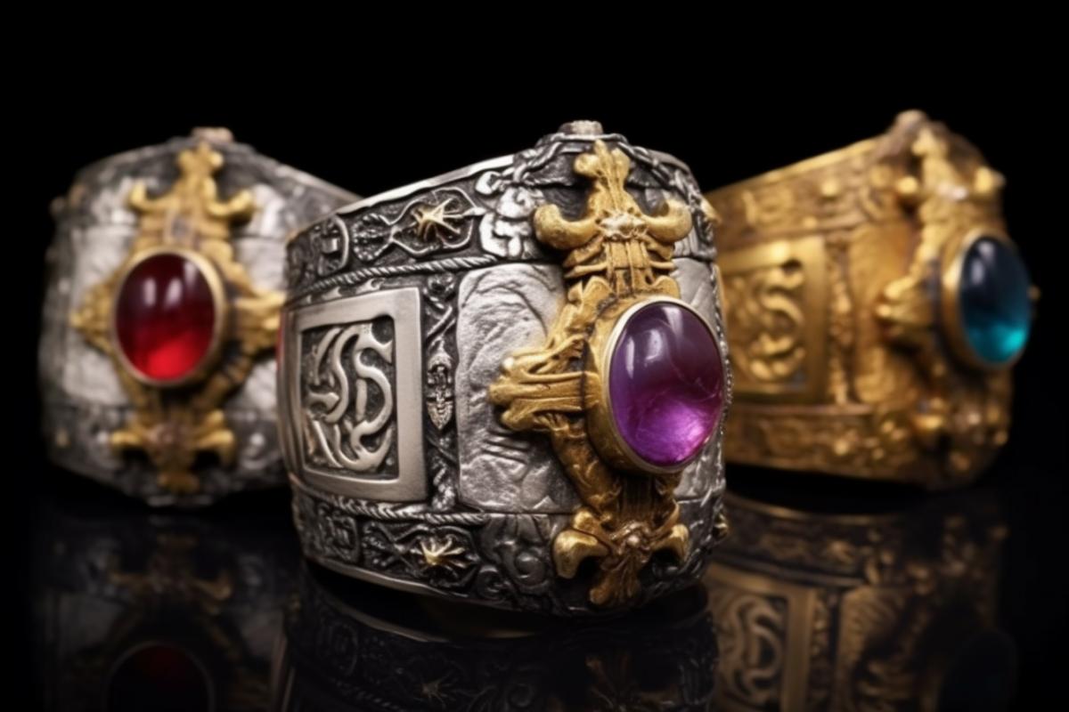 Collection of silver rough rings with gems and pearls in the Byzantine style