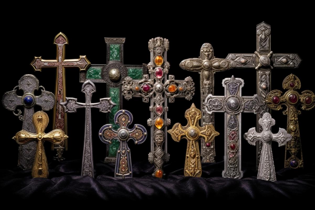 Collection of silver rough crosses with gems in the Byzantine style
