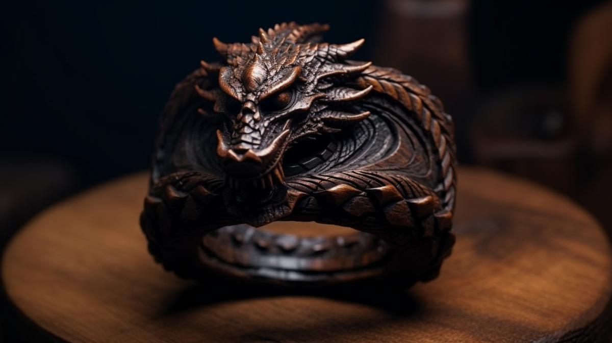 ring with a dragon made of wood close-up on a table in a dark fantasy style