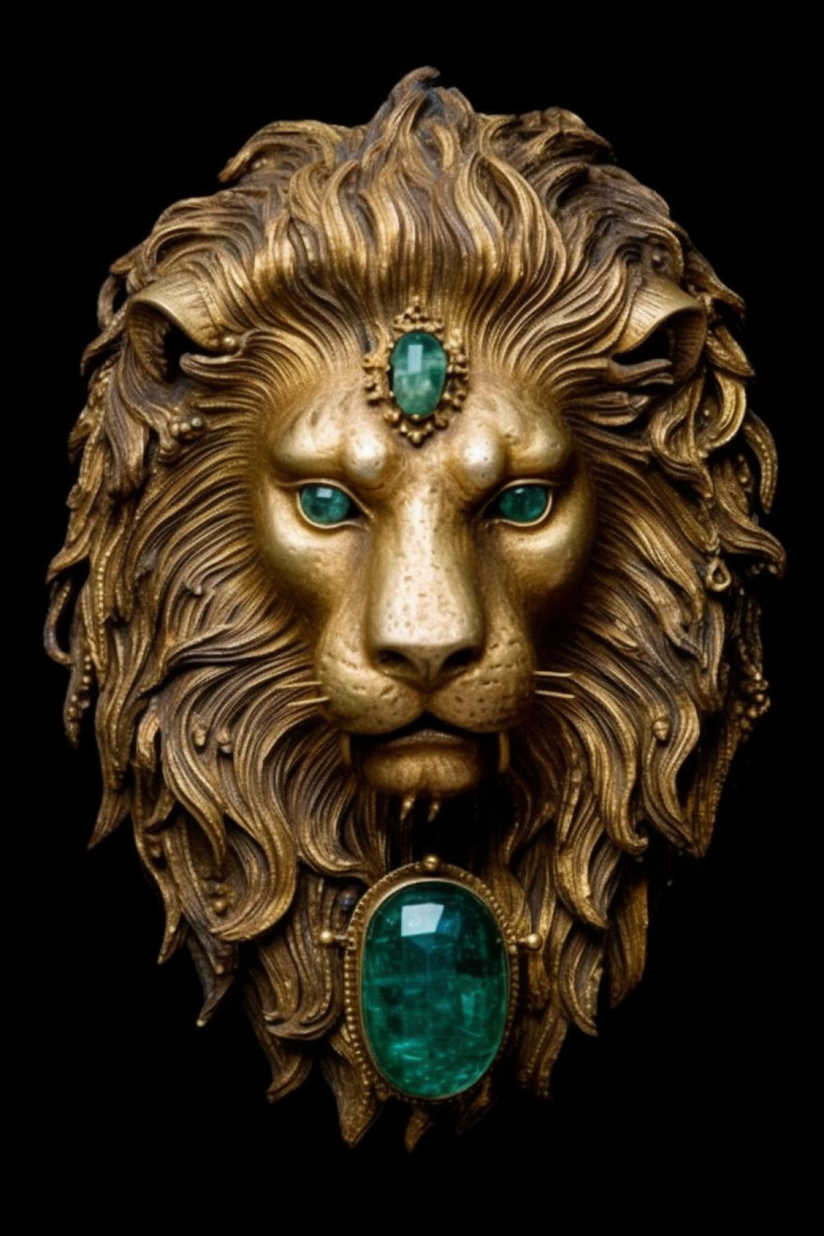 Old Russian gold brooch, with an ancient lion and wild emeralds