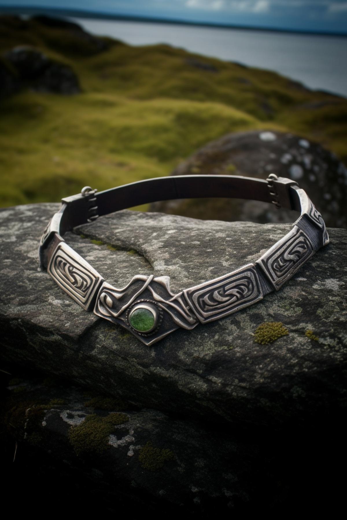 Necklace made of silver with tourmalines, rough forged curve, medieval-primitive style, lies on a stone