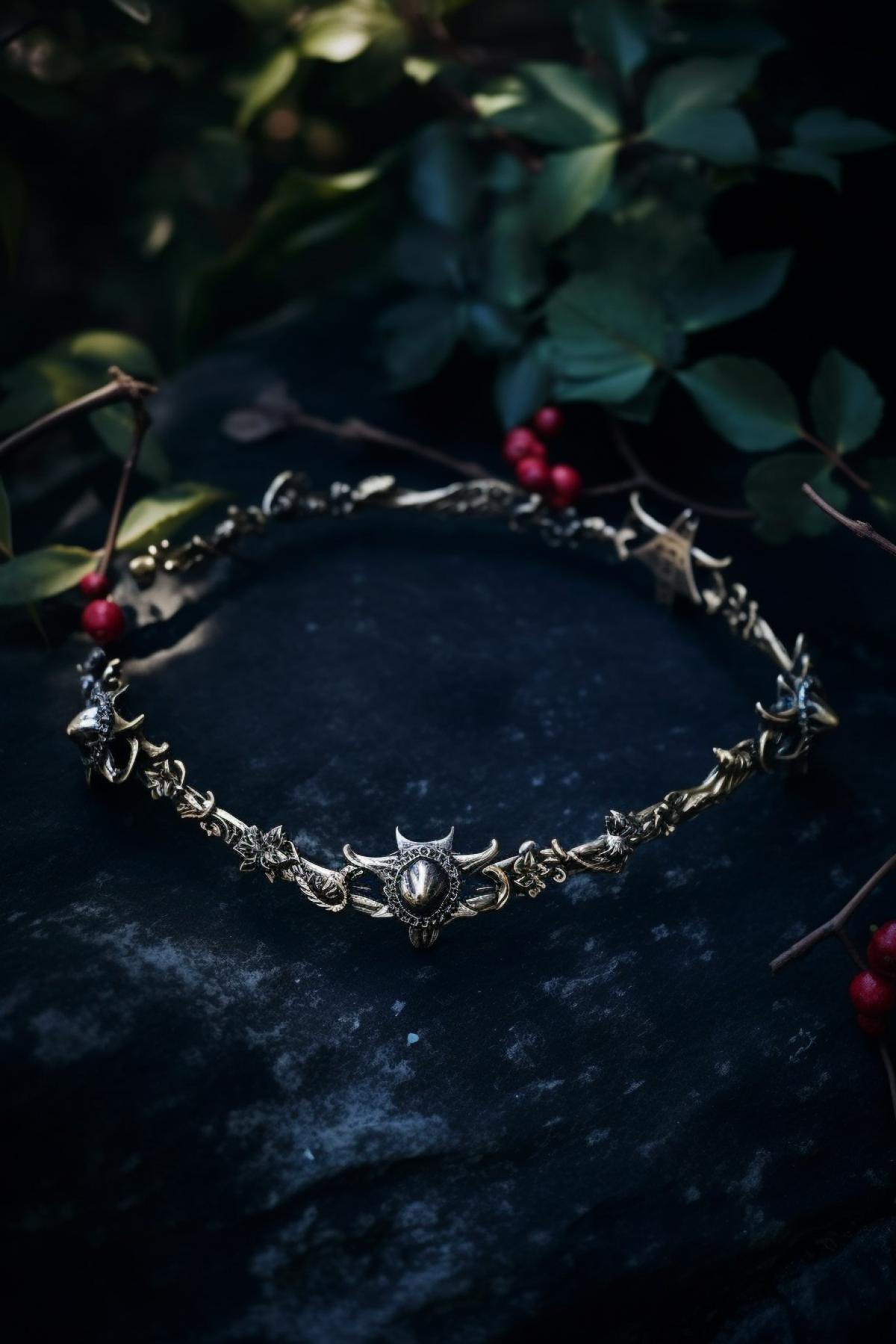 Necklace made of silver with tourmalines, rough forged curve, medieval-primitive style, lies on a stone