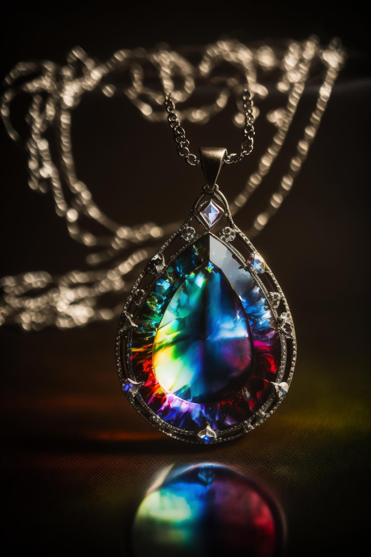 diamond necklace on a dark velvet backing, rainbow highlights, professional photography