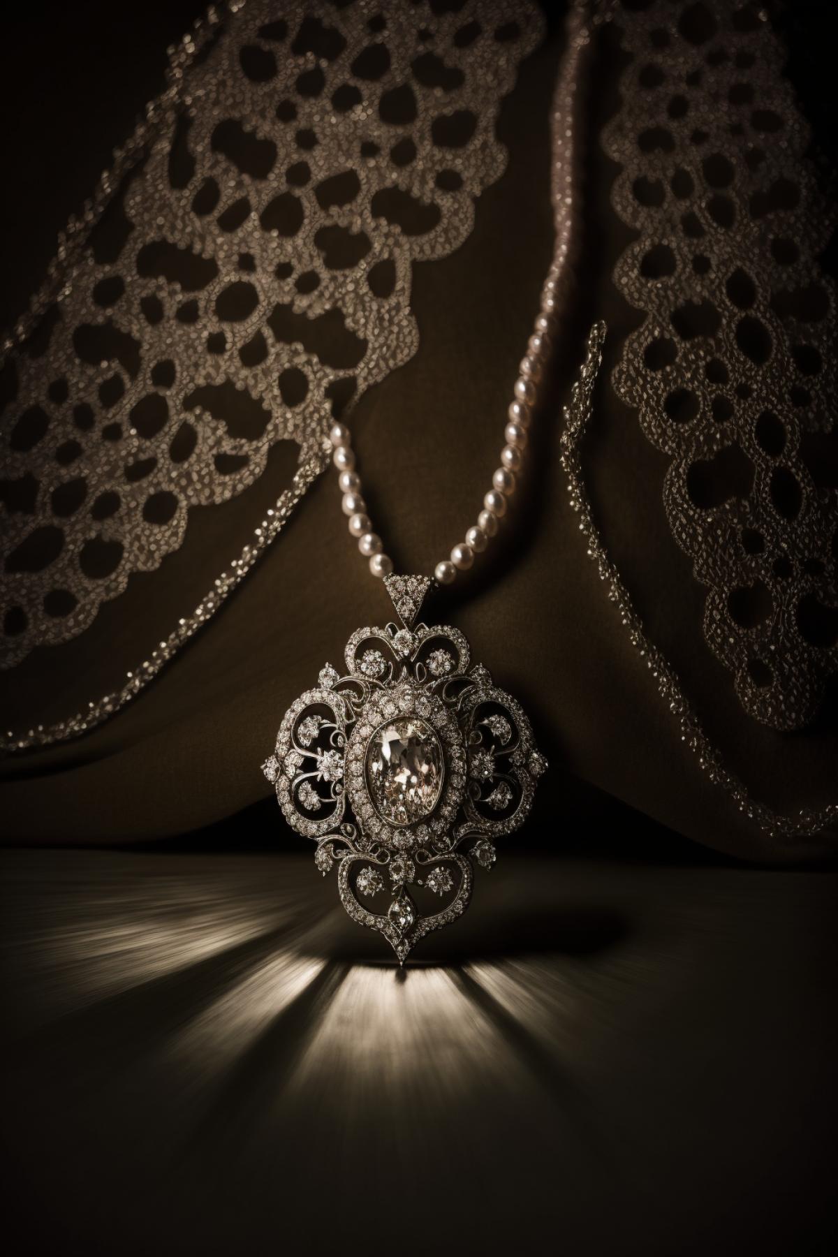 diamond necklace on a dark velvet backing, studio lighting, professional photography