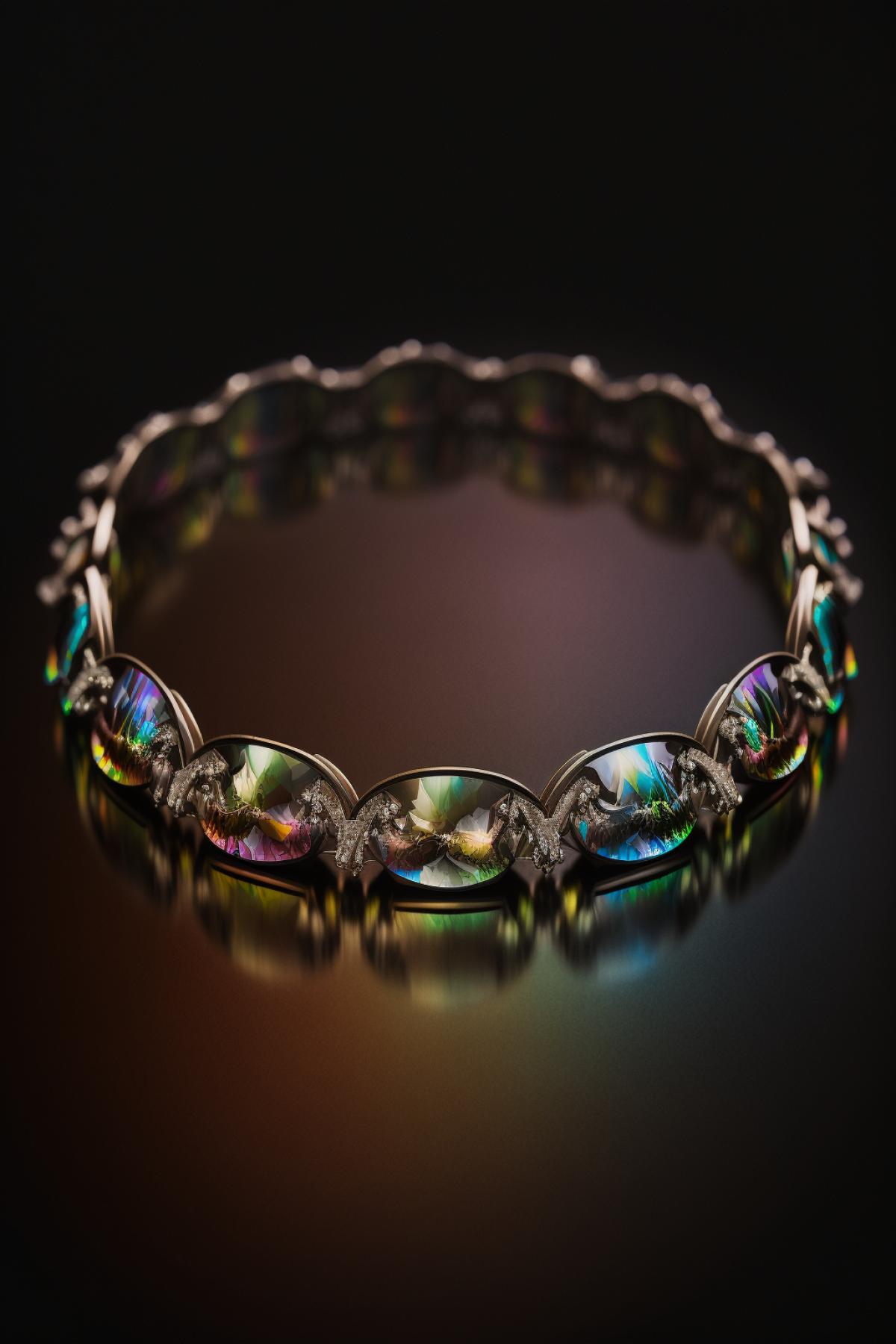 diamond necklace on a dark velvet backing, rainbow highlights, professional photography