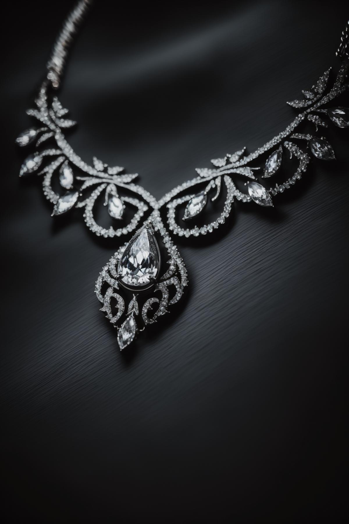 diamond necklace on a dark velvet backing, studio lighting, professional photography