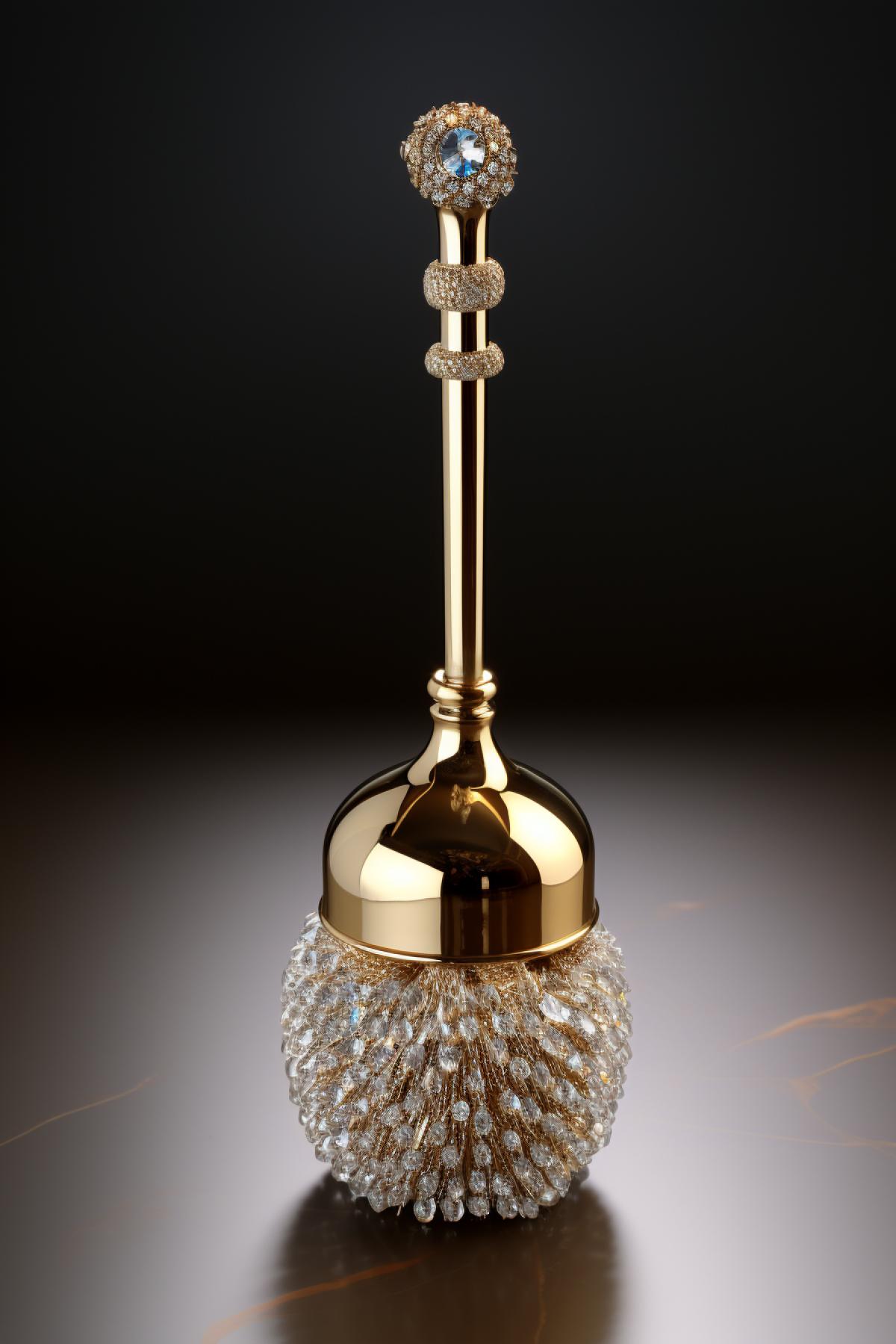 Gold toilet brush with precious stones, photorealism