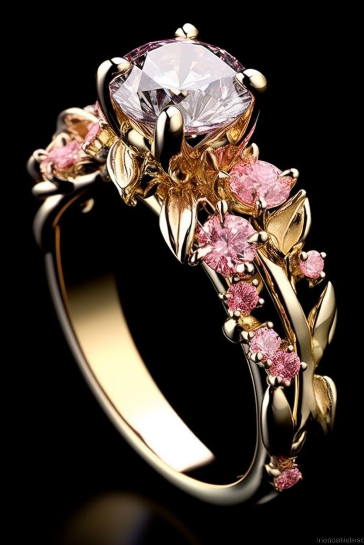beautiful gold ring with pink and white diamond, fantasy, whimsical, sparkles, photorealism